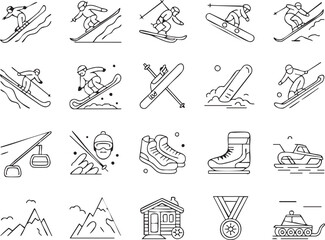 Winter Sports and Activities Line Icons Set Featuring Skiing Snowboarding Equipment and Mountain Scenery for Holiday Designs