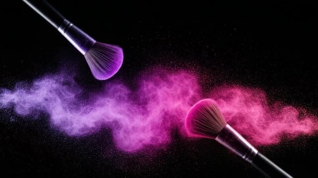 Two makeup brushes creating vibrant pink and purple powder splashes against a dark black background in a studio setting