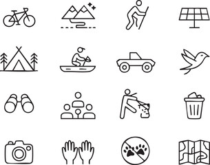 Set of simple line icons depicting outdoor activities and environmental awareness suitable for web design and mobile applications