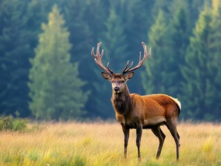 Fototapeta premium Majestic Red Deer in Meadow Surrounded by Coniferous Forest