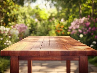 Naklejka premium Photorealistic Wooden Table in Lush Garden Setting, High Quality