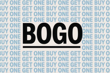 Promotional design featuring the large, bold text "BOGO" with a repeated background pattern of "BUY ONE GET ONE," suitable for advertising sales and promotions.