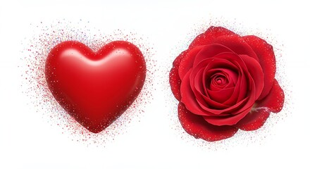 Red heart and rose isolated on white background