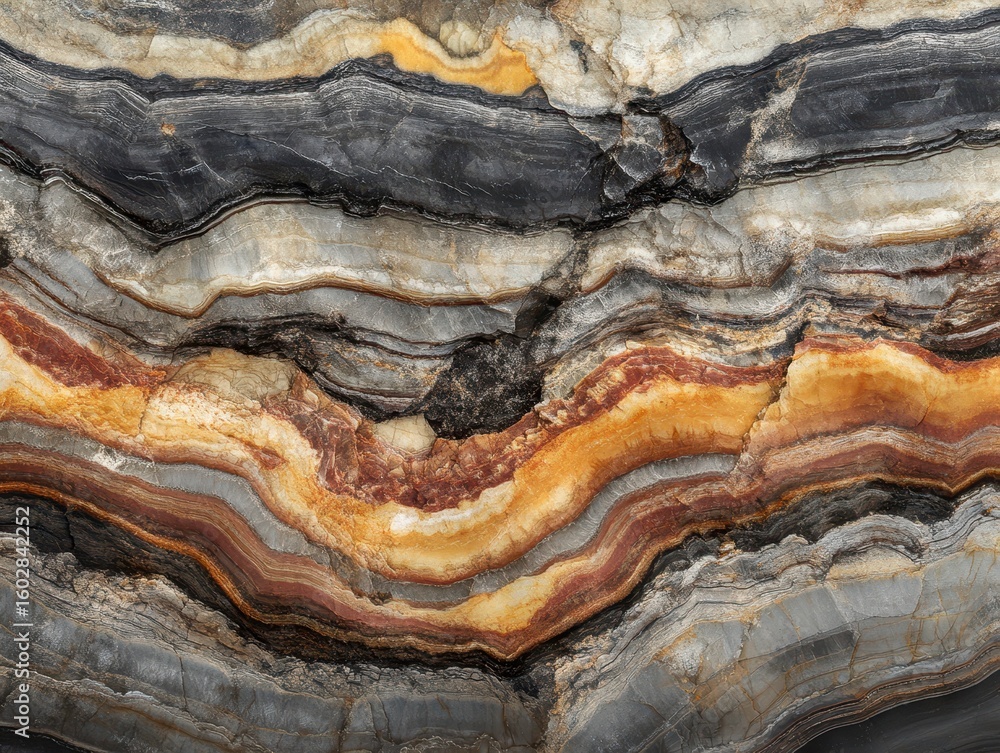 Poster striking rock strata with colorful layers and textures in close-up