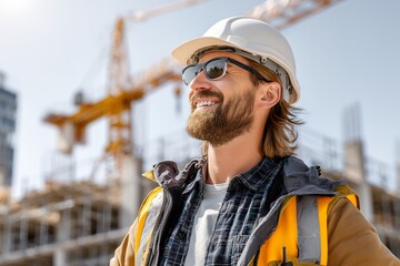 Caucasian male construction worker smiling on site with hard hat and safety gear