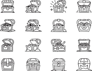 Seamless Pattern of Treasure Chests with Coins and Jewels in Outline Style Perfect for Pirate Themed Designs