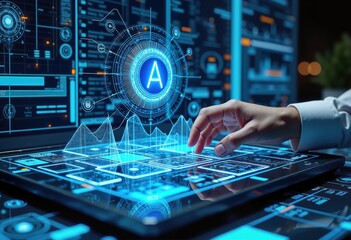 A futuristic digital interface showcases data analytics, highlighting innovation in technology and business intelligence.