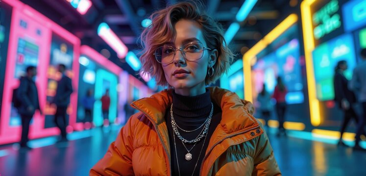 A stylish young woman stands confidently in a vibrant urban environment, illuminated by neon lights, embodying the essence of modern individuality and creativity.