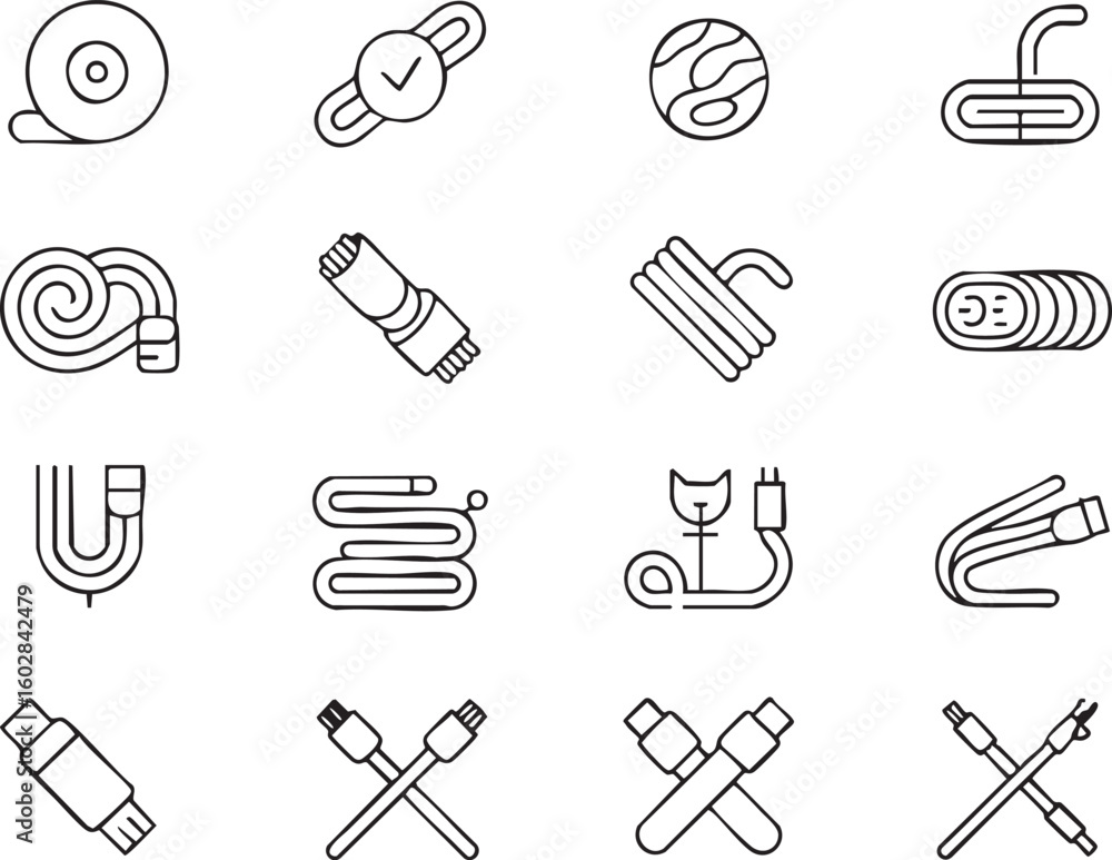 Aufkleber set of outline icons representing various types of cables and connectors for electronic devices and 