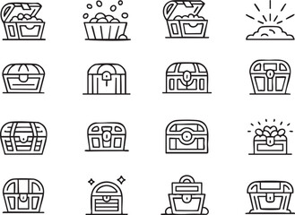 Collection of Treasure Chest Icons in Outline Style Representing Wealth Adventure and Hidden Riches Perfect for Game Design
