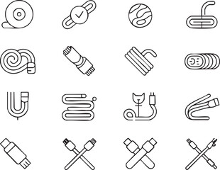 Set of Outline Icons Representing Various Types of Cables and Connectors for Electronic Devices and Data Transfer Applications