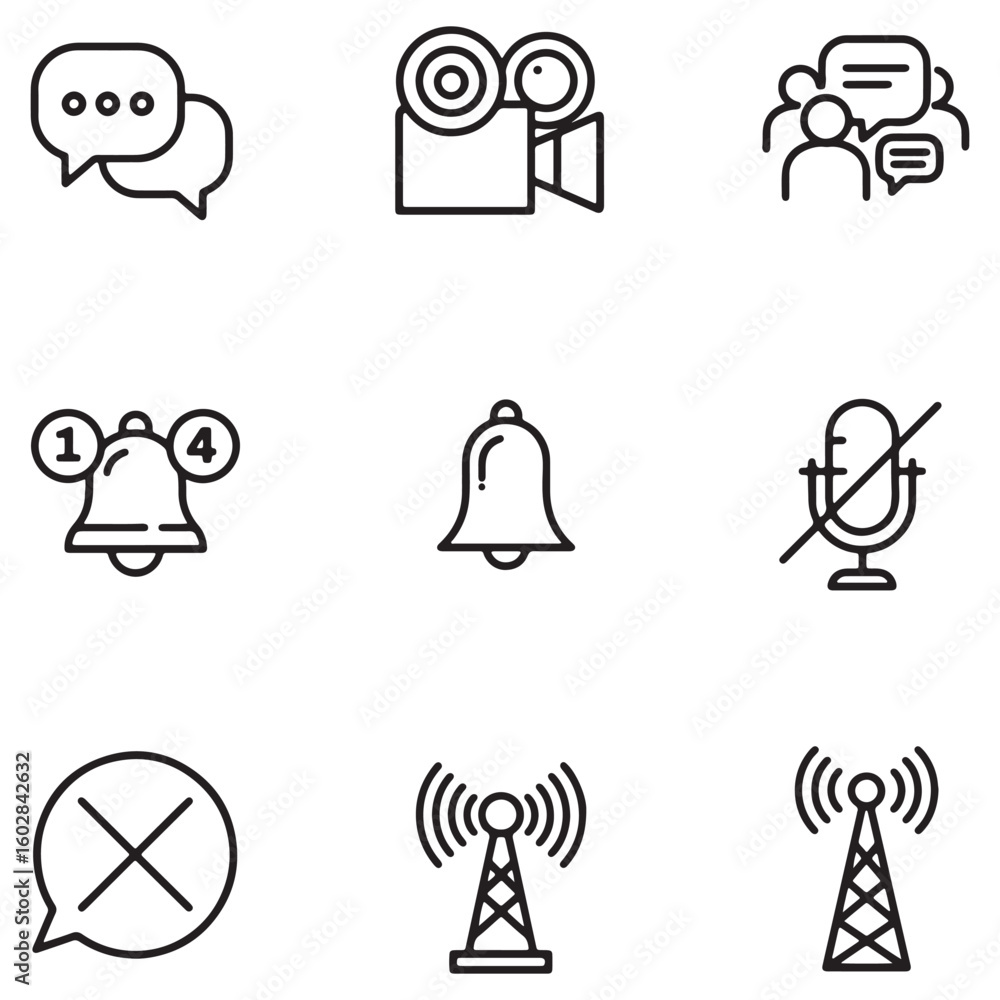 Poster collection of vector icons representing communication technology messaging and connectivity elements