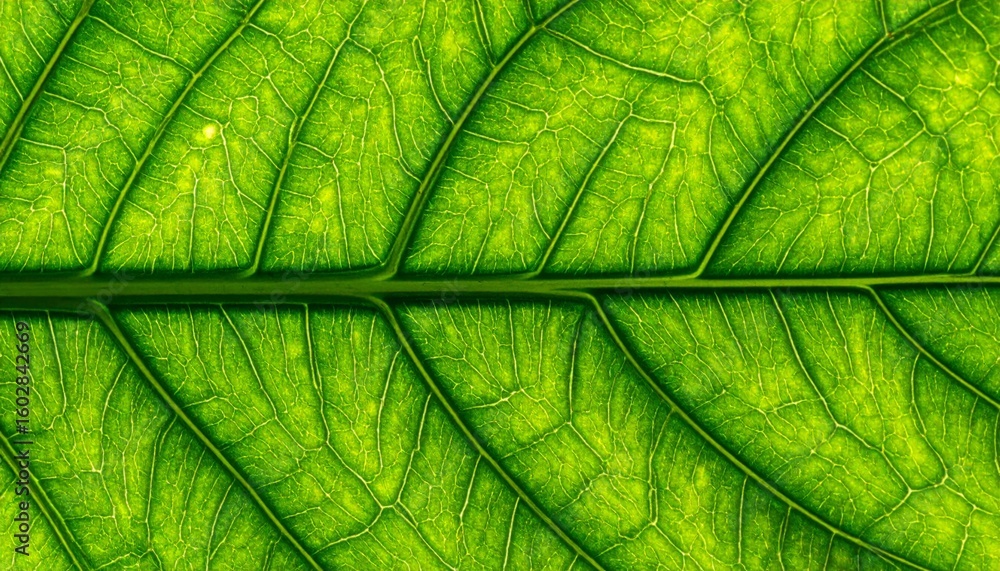 Poster detailed green leaf veins with translucent texture in backlight close up view