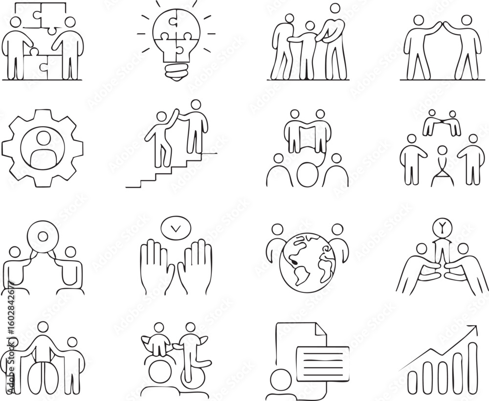 Poster hand drawn business and teamwork icons representing collaboration innovation and growth in a minimal
