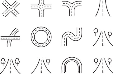 Road and street vector icons set different types of roads and intersections isolated on white background line art