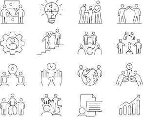 Hand Drawn Business and Teamwork Icons Representing Collaboration Innovation and Growth in a Minimalist Style for Web Design