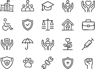 Collection of Line Icons Representing Various Services Including Insurance Education Legal and Community Support on a White Background
