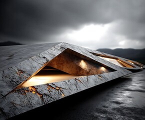 an architectural structure with a unique design dominates the foreground against a dramatically overcast sky