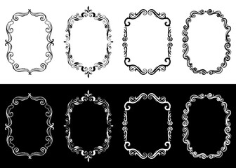 Decorative ornamental frames, image set, isolated vector image in two design variants - on transparent and black backgrounds, chalk drawing
