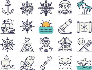Seamless Pattern with Pirate Elements Ship Wheel Skull Pirate Treasure Chest Hook Cannon Palm Tree and More