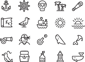 Pirate themed icons including a ship wheel skull palm trees pirate treasure chest and a ship in black