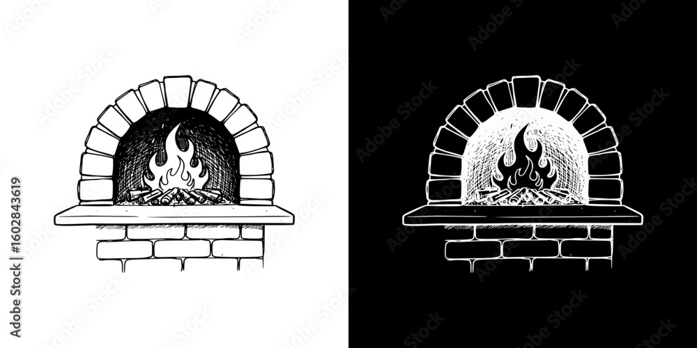 Poster isolated vector image of a stone stove in chalk drawing style, isolated vector image in two design v