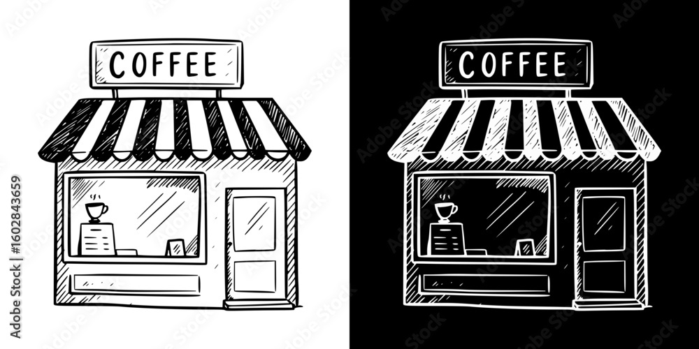 Poster coffee shop sketch, isolated vector image in two design variants - on transparent and black backgrou