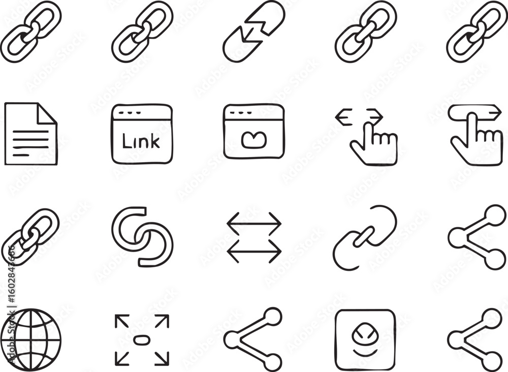 Poster hand drawn style vector icon set of links sharing and connection elements for web design and applica