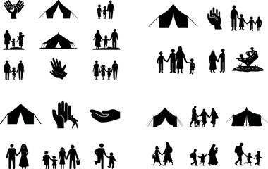 Refugee crisis and humanitarian aid vector icons for disaster relief and support