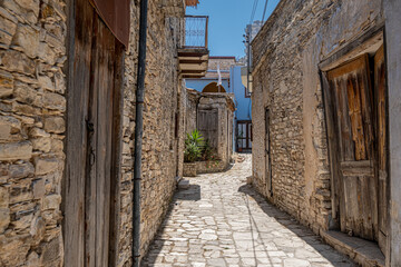 Narrow streets and stone houses views in Pano Lefkara traditional, colorful, and picturesque mountainous village, Larnaka region, Cyprus