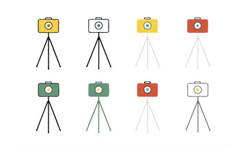 Eight stylized cameras on tripods featuring diverse colored bodies and unique lens designs in a clean white background