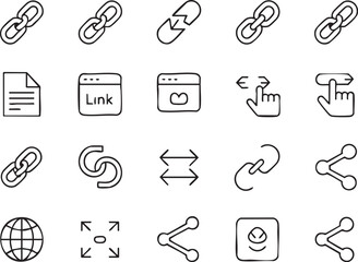 Hand Drawn Style Vector Icon Set of Links Sharing and Connection Elements for Web Design and Applications