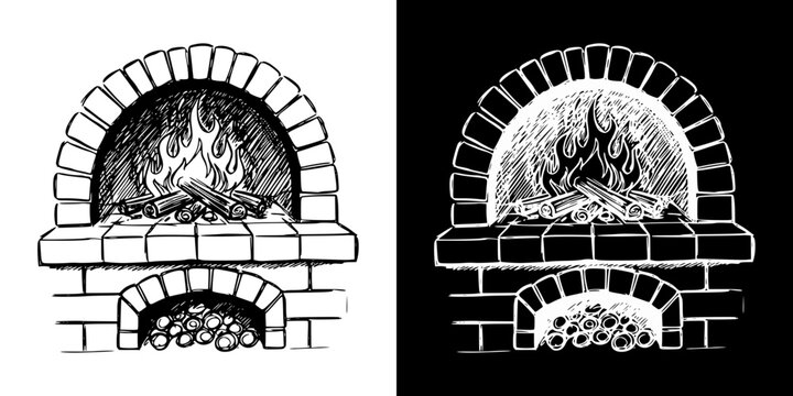 Isolated vector image of a brick oven with flames, two design variants - on transparent and black backgrounds, chalk drawing
