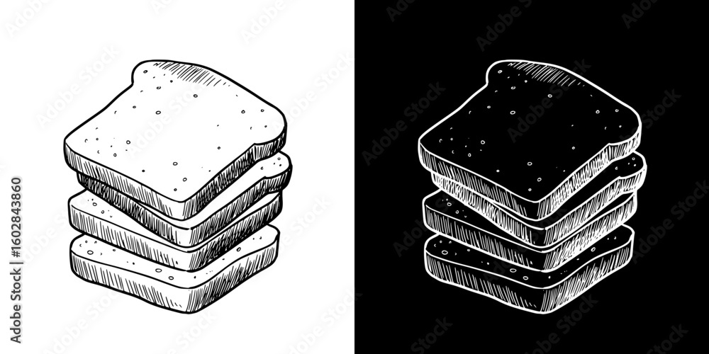 Poster chalk drawing of stacked slices of bread, isolated vector image in two design variants - on transpar