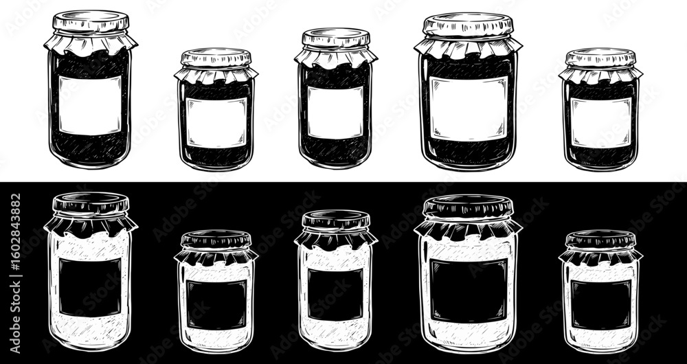 Poster chalk drawing of jam jars, isolated vector image in two design variants - on transparent and black b