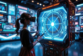 A woman interacts with a futuristic virtual reality setup in a tech-driven environment, showcasing innovation and modern technology.