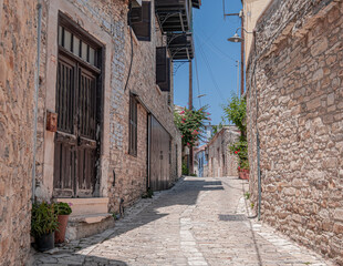 Narrow streets and stone houses views in Pano Lefkara traditional, colorful, and picturesque mountainous village, Larnaka region, Cyprus