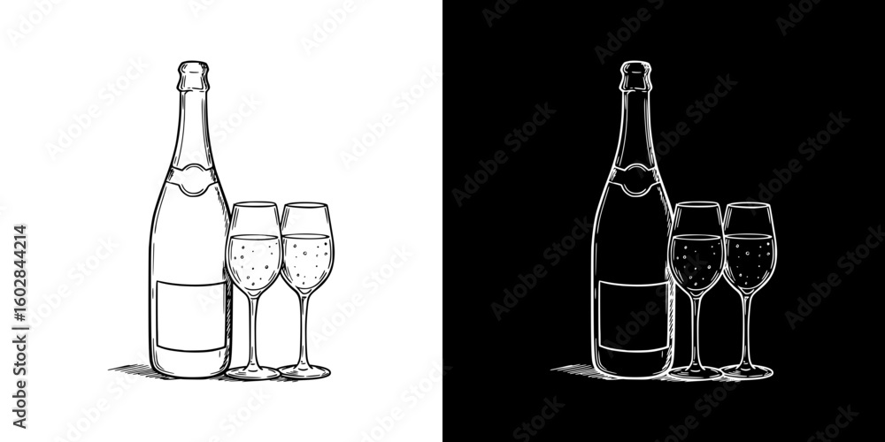 Poster isolated vector image of champagne bottle and glasses, two design variants - on transparent and blac