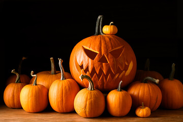 Halloween display with carved pumpkin face and small gourds on dark backdrop. Autumn holiday scene...