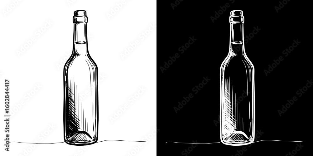 Poster isolated vector image of a bottle wine, two design variants - on transparent and black backgrounds, 