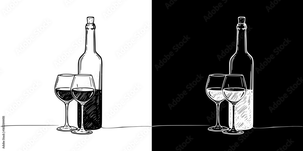 Poster isolated vector image of red wine bottle and glasses, two design variants - on transparent and black