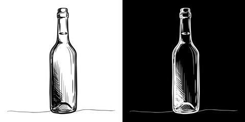 Isolated vector image of a bottle wine, two design variants - on transparent and black backgrounds, chalk drawing

