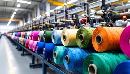 Colorful spools of thread on an industrial production line