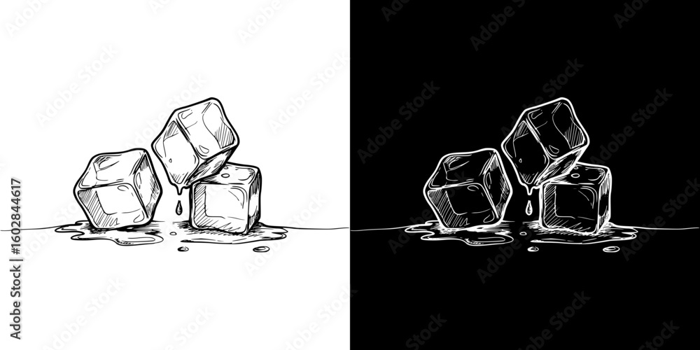 Poster ice cubes melting, isolated vector image in two design variants - on transparent and black backgroun