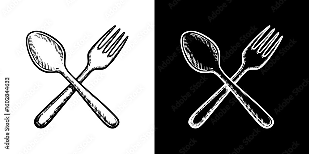 Poster crossed spoon and fork, isolated vector image in two design variants - on transparent and black back