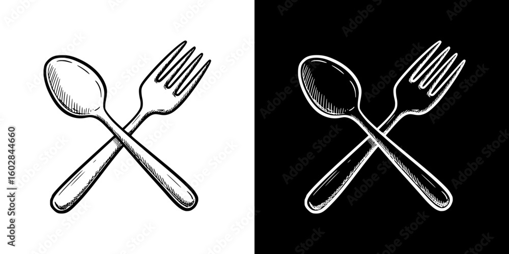 Aufkleber isolated vector image of crossed spoon and fork, two design variants - on transparent and black back