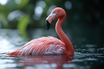 Pink flamingo gracefully floats on water, soft light