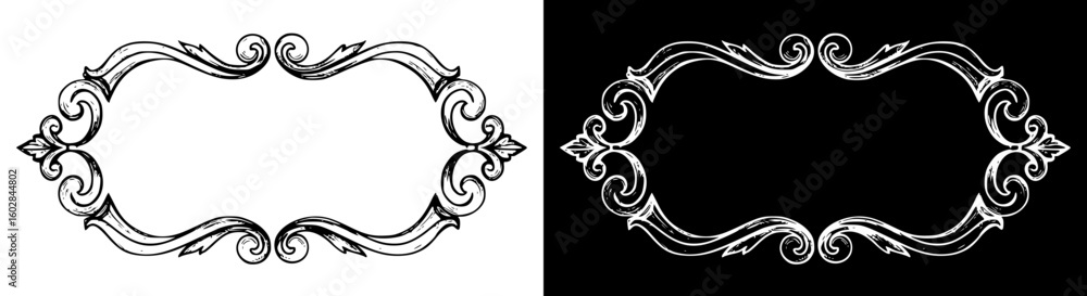 Aufkleber ornate chalk drawing frame, isolated vector image in two design variants - on transparent and black 