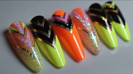 Close up of colorful stiletto nails with glitter and chevron designs on a white surface