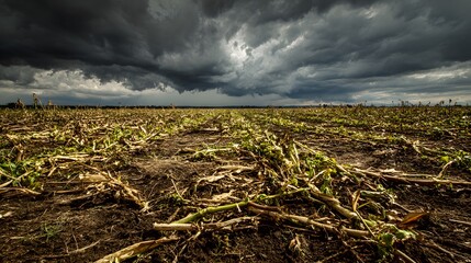 Stark Visual Narrative of a Hailstorm's Aftermath in a Vast Agricultural Field with Destroyed Crop Elements and a Gloomy Sky